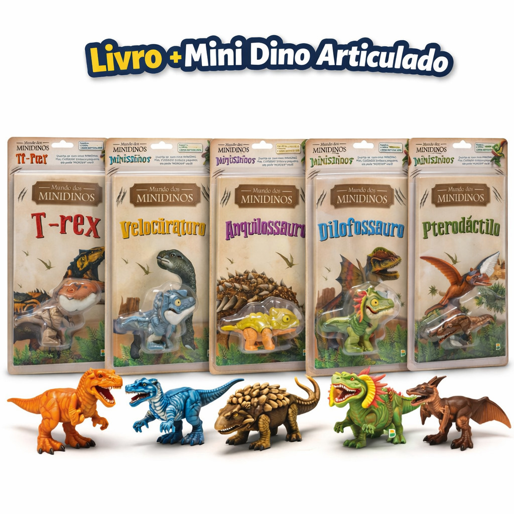 Mundo dos MINIDINOS  Livro Dinossauro + Miniatura Articulada