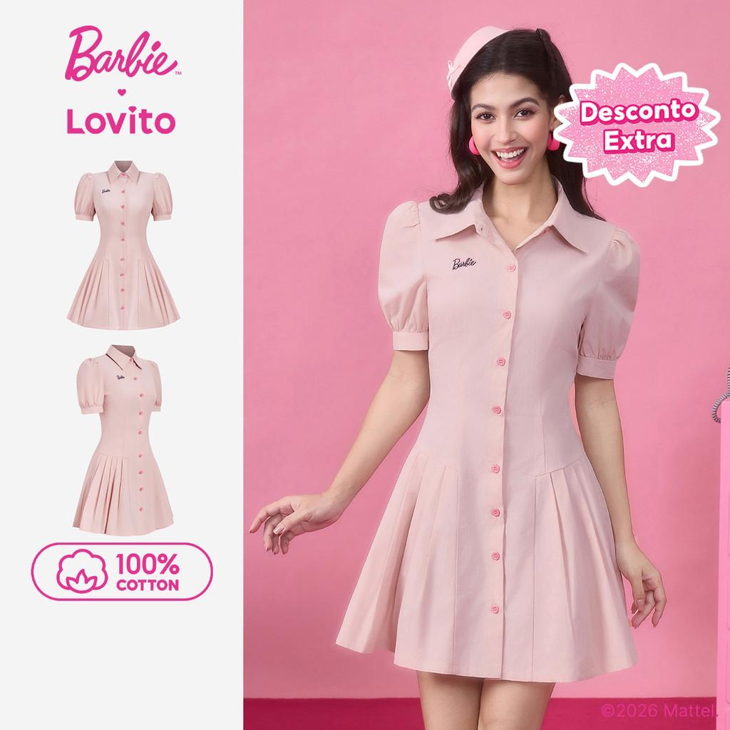 Barbie™ X Lovito Vestido Preppy Bordado 100% Algodão Botões Rosa Primavera/verão Para Mulheres LB1AD025 em Oferta na Shopee