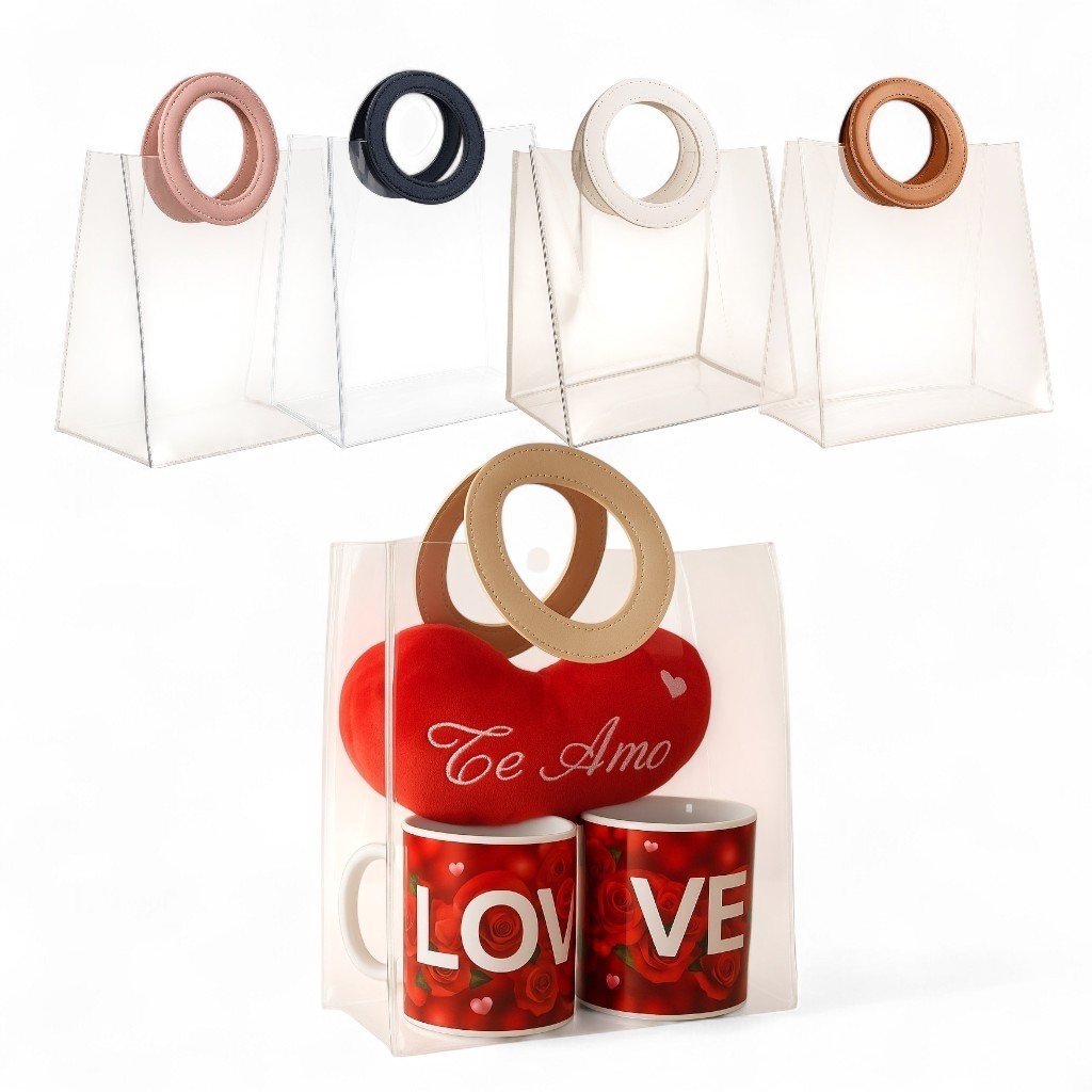 KiT 5 A 20 Sacolas Transparente Alça colorida Bolsa Presente 16x18 cm ou 20x18para festa lembrança