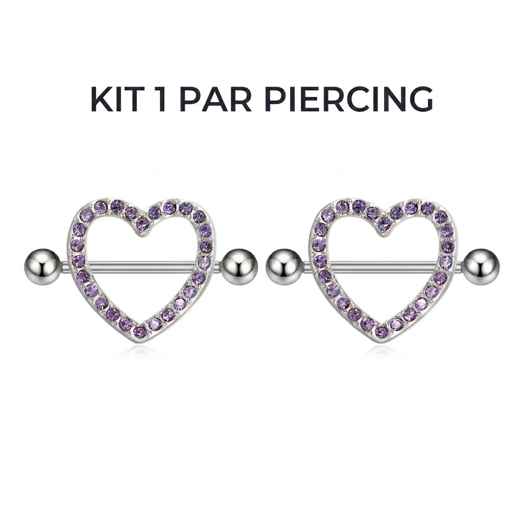 Kit 1 Par Piercing Mamilo Coração Cravejado Zircônia Lilás Aço Cirúrgico Antialérgico Feminino Seios Brilhante Elegante