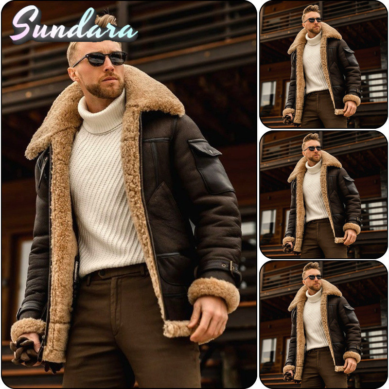 Jaqueta Masculina de Couro PU com Gola Reversível, Forro de Lã de Cordeiro, Cor Sólida, Tamanho Grande, para Outono e In