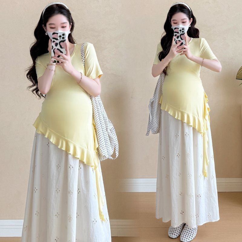 Terno de maternidade na moda mãe terno Design Irregular sentido mais magro olhar maternidade saia superior terno de duas