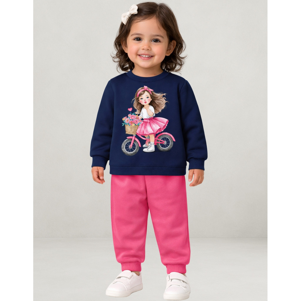 Conjunto Infantil Kyly Menina Inverno Blusa Marinho e Calça Moletom Peluciado Confortável 1001508