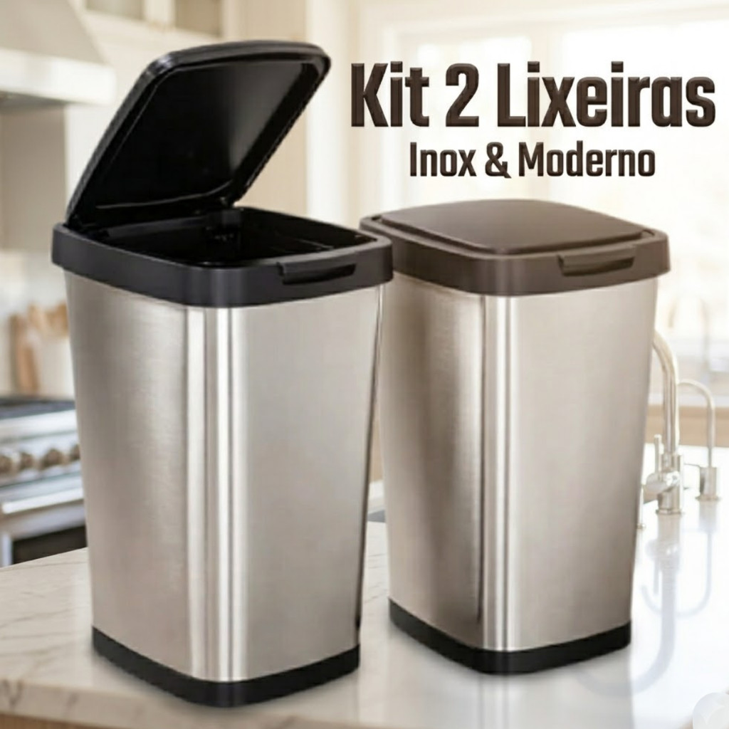 Lixeira Inox 9L Tampa Click 1 Unidade ou Conjunto Com 2 Moderna Compacta Cozinha Banheiro Premium