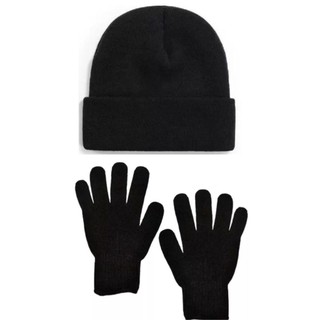 Kit Touca Com Luva De Frio Básica Lã Gorro Liso Preta Toca Adulto Inverno