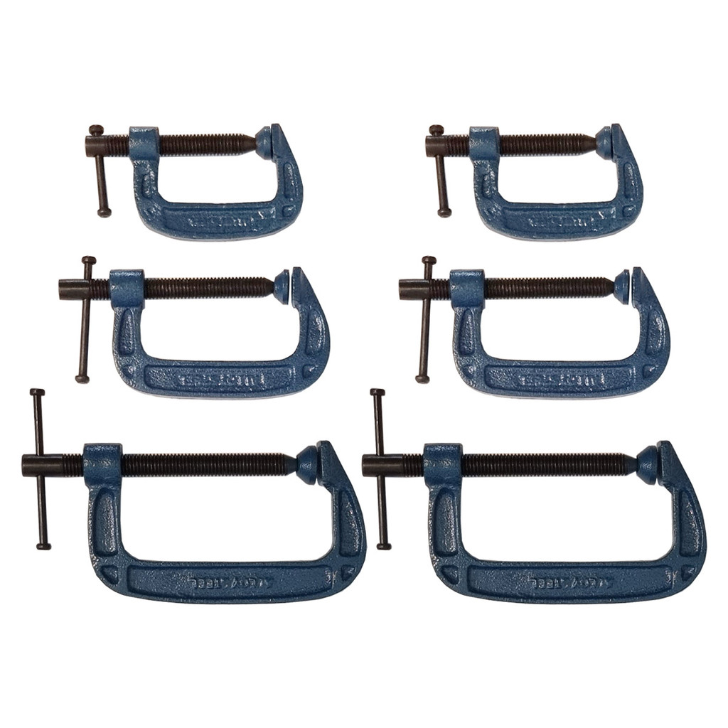 Kit com 6 Grampos Sargento de Fixação Tipo C 50mm, 75mm e 100m