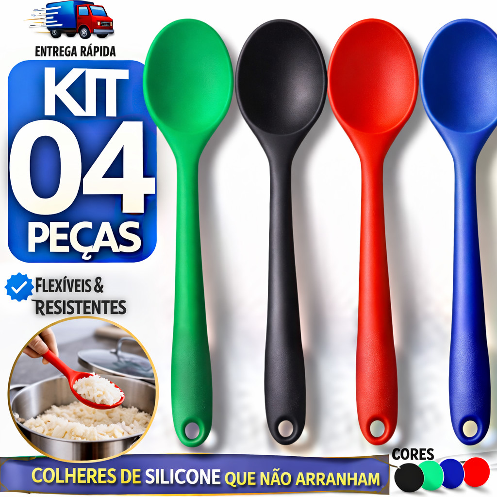 Jogo de Colher de Silicone Cozinha Gourmet Alta Resistência Arroz Molhos Carne Utensilio Colheres