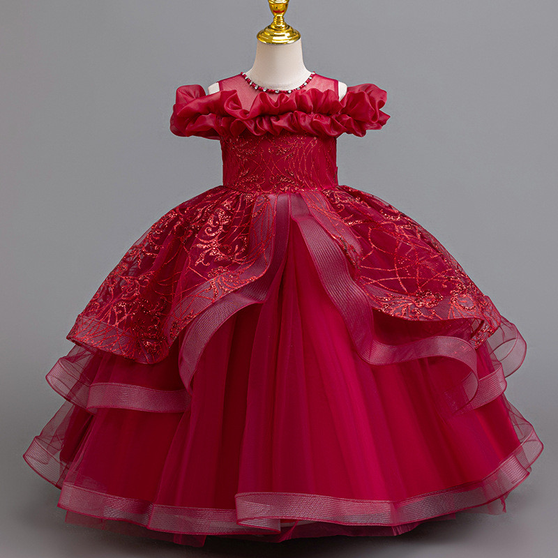 Flor menina vestido de casamento elegante menina Piano desempenho vestido 4-12 anos de idade longo bordado palco desempe