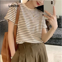 Lovito Camiseta Casual Listrada Com Gola Redonda E Manga Curta Para Mulheres BRTSNS6EX157