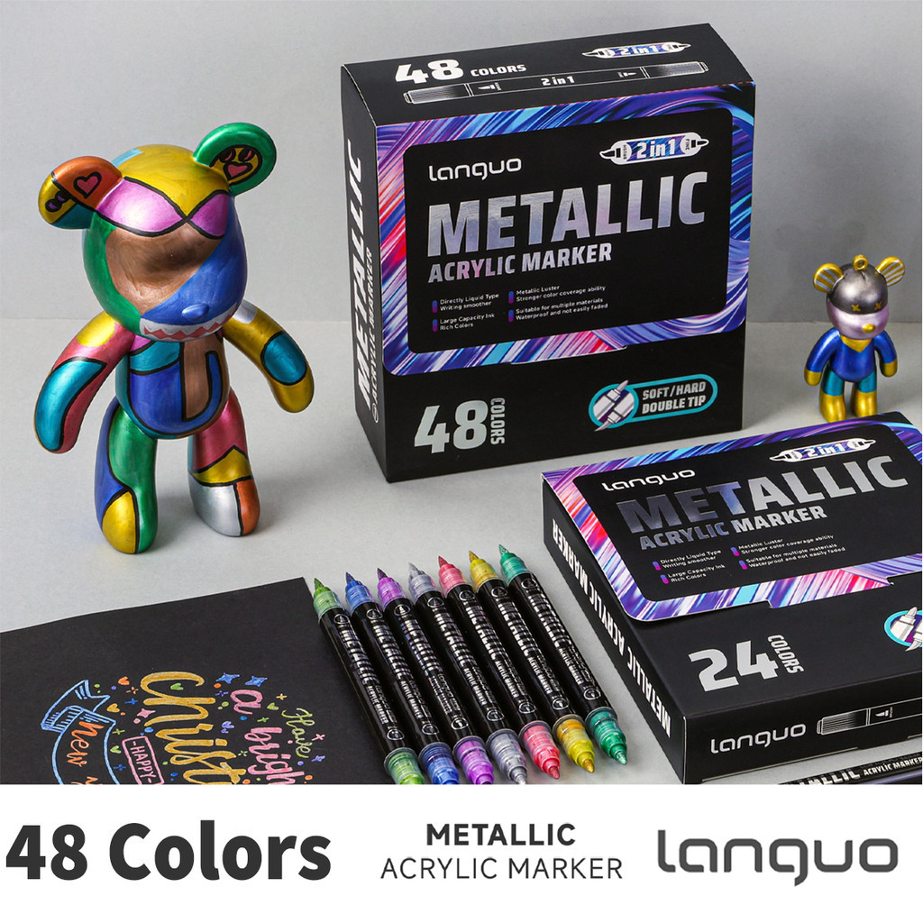 LanGuo Conjunto De Marcadores De Tinta Acrílica De Ponta Dupla , 12/24/48 Cores , Canetas De Desenho De Artista Profissi