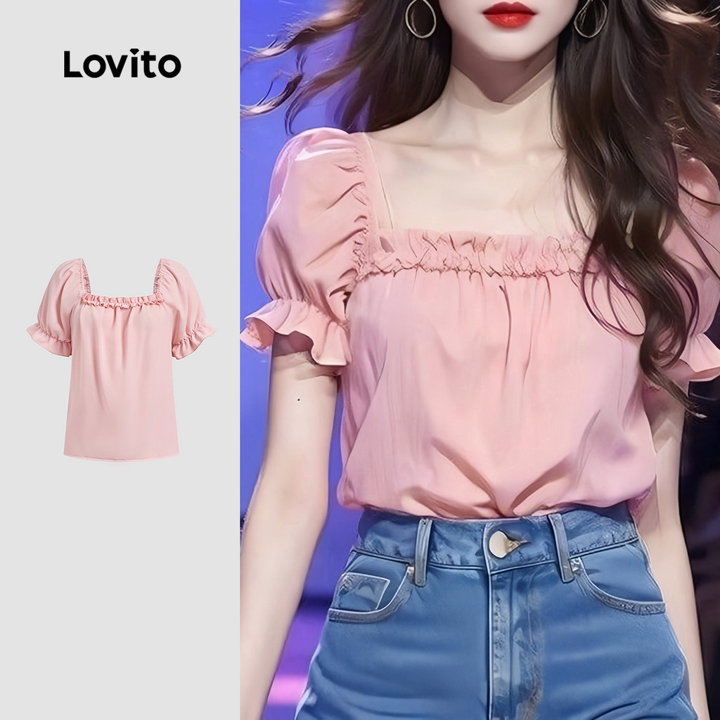 Lovito Blusa Casual com Beirado de Alface Primavera/verão Rosa para Mulheres L143ED334