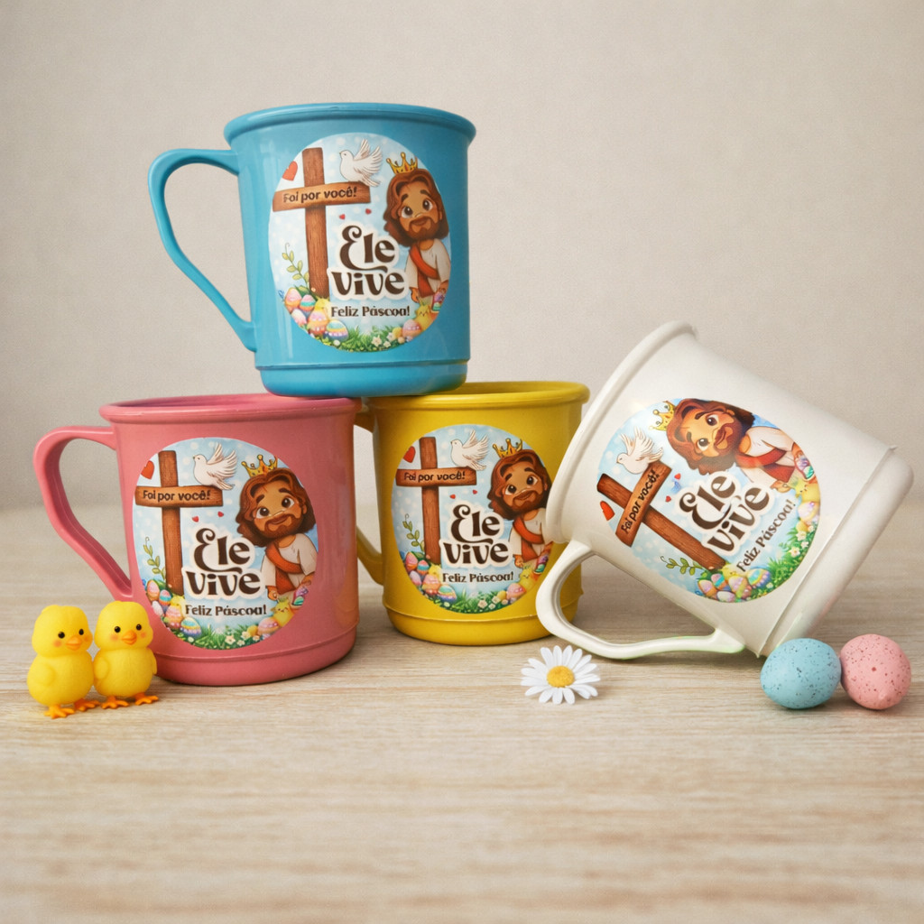 Jogo Lembrancinha kit 15 canecas ele vive feliz páscoa jesus cristã presente igreja evangélica culto