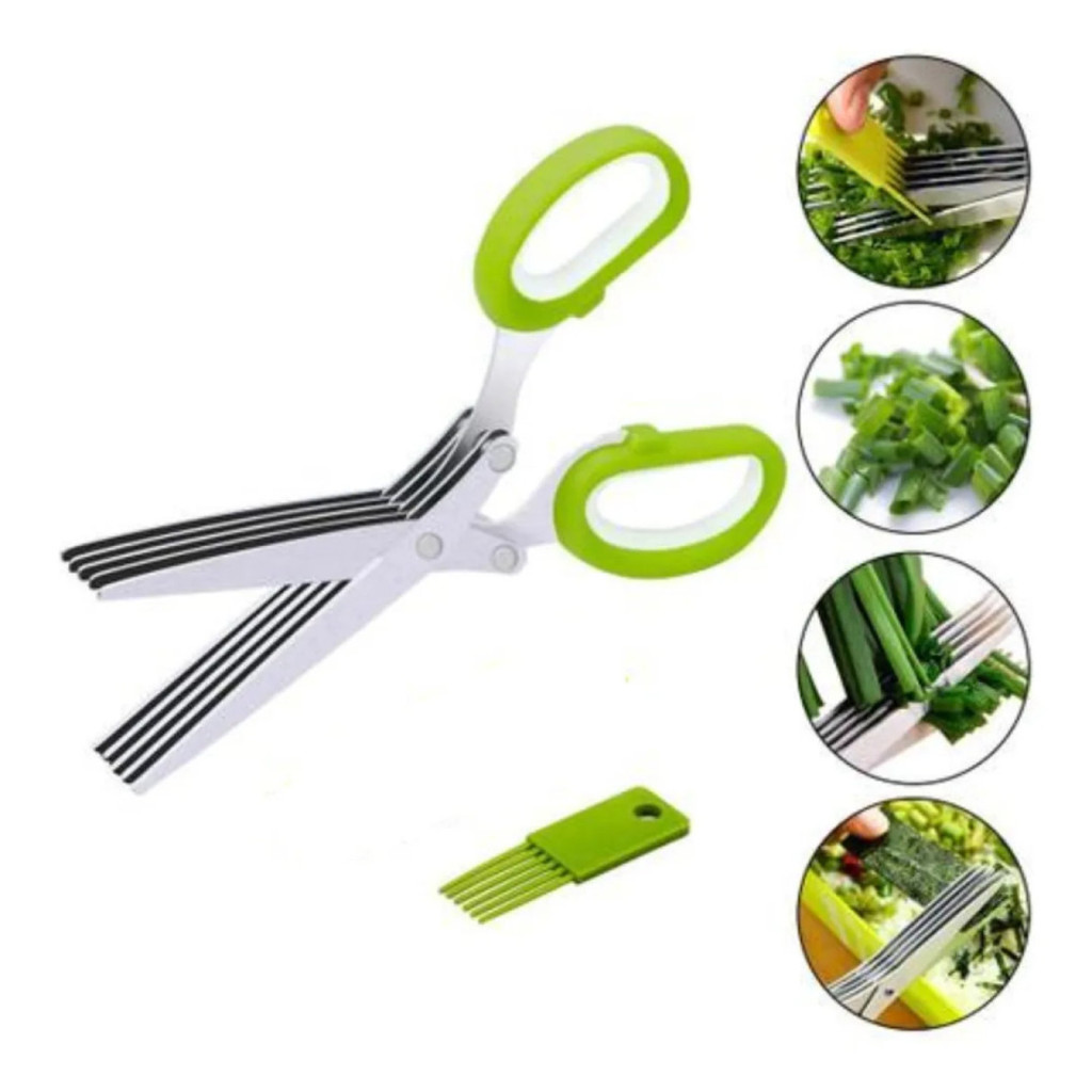 Tesoura De Cozinha 5 Lâminas Aço Inox Corta Pica Ervas Temperos Hortaliças Multiuso Profissional ✂️🌿