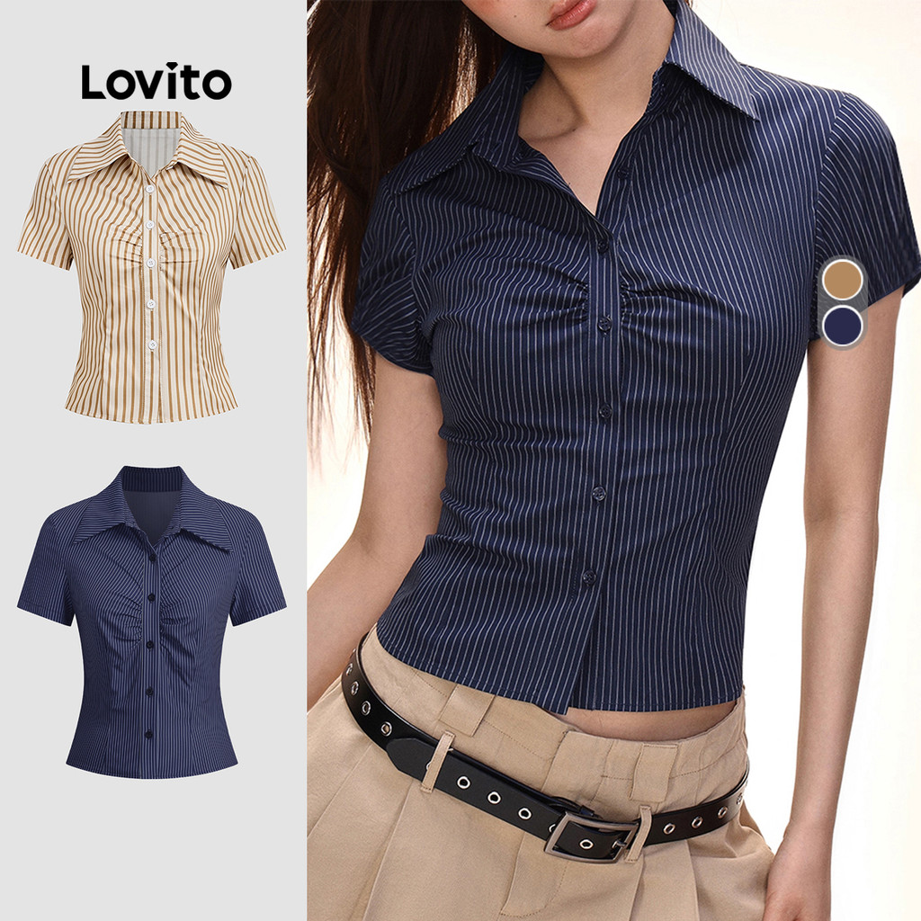 Lovito Blusa Casual com Botões Franzida Primavera/verão Blusa Azul Escura para mulheres L154LD165 em Oferta na Shopee