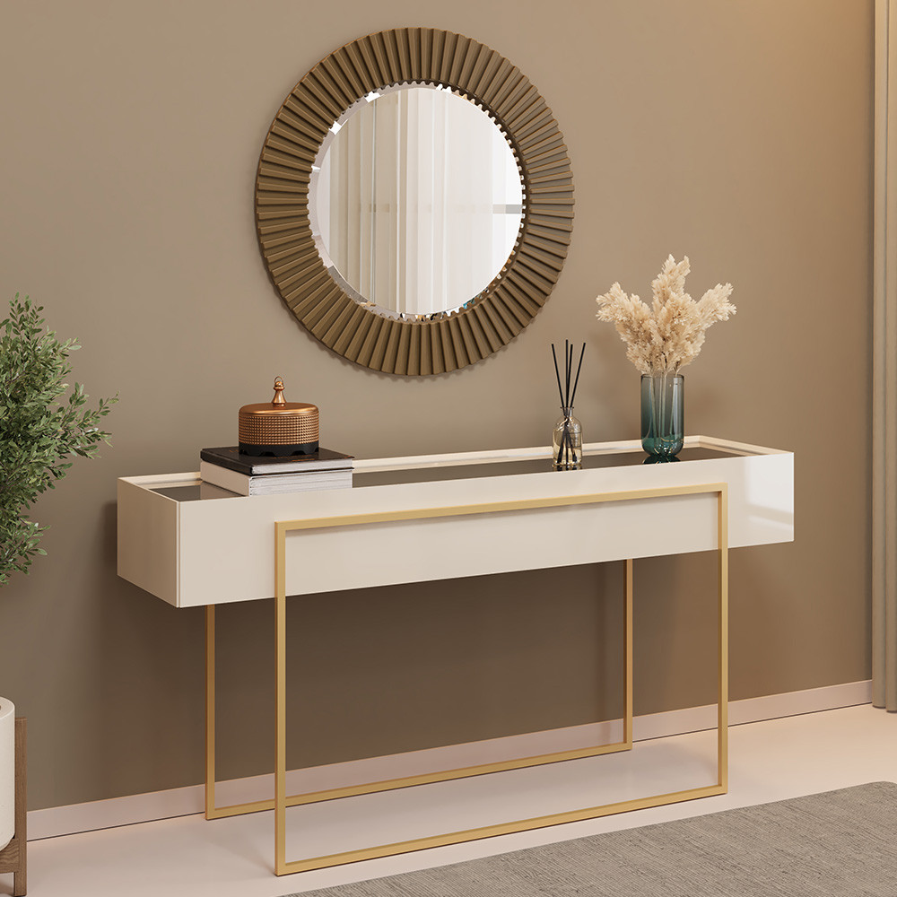 Aparador Para Sala de Estar Espelhado Pés Industrial Malika D05 Off White - Lyam Decor