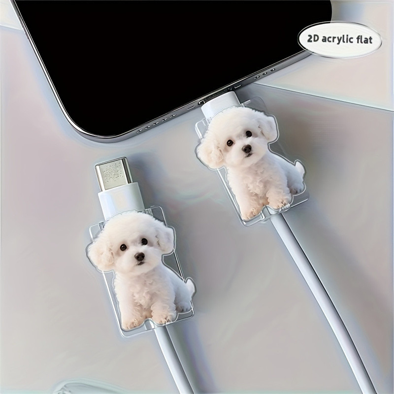 2D Flat 2pcs Cute White Dog Elegante Protetor De Cabo De Dados Design Brincalhão Capa De Conector Para iPhone/Tipo-C