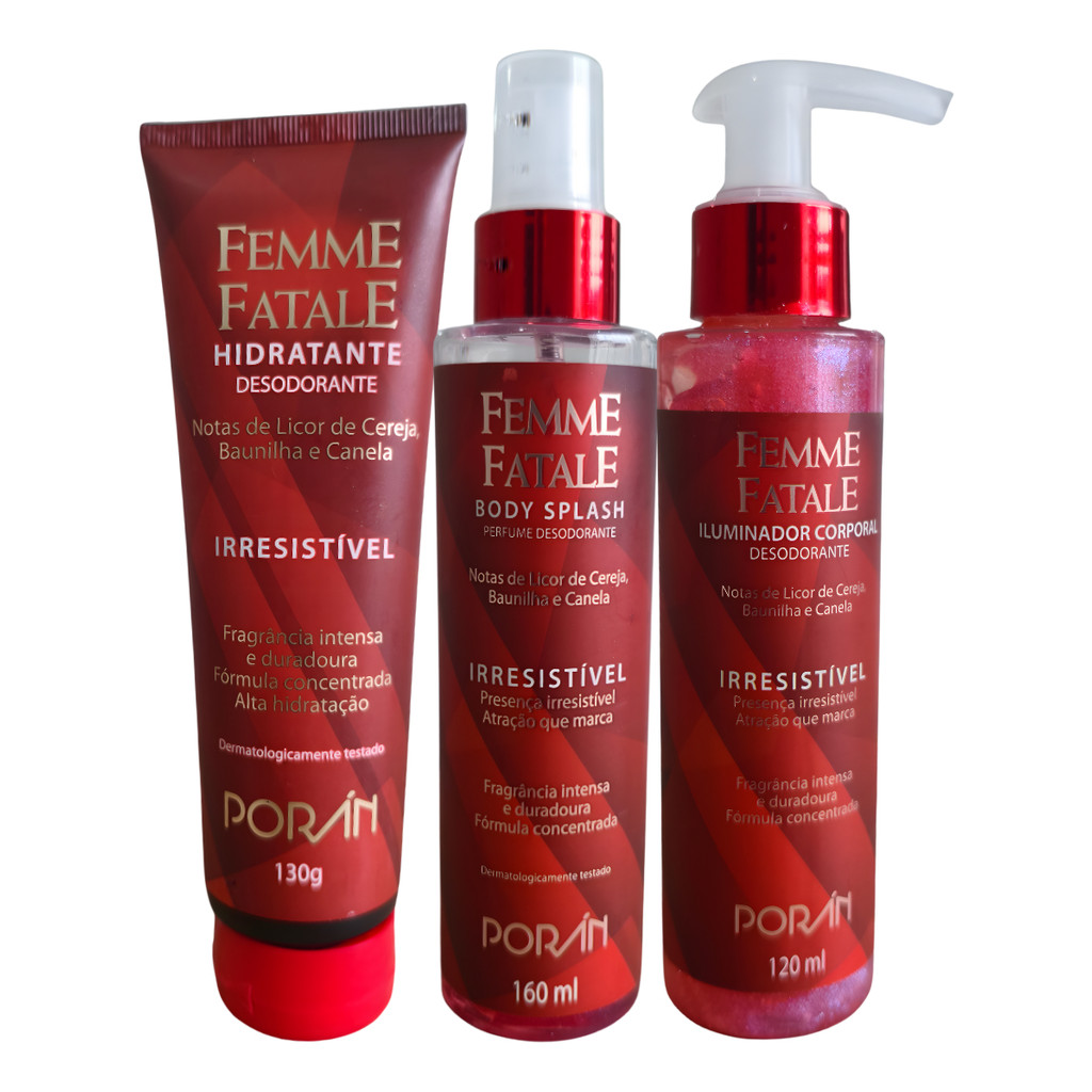 Kit Porán Femme Fatale Irresistível Perfume Que Deixa Rastro com Hidratante, Body splash e Iluminador Corporal