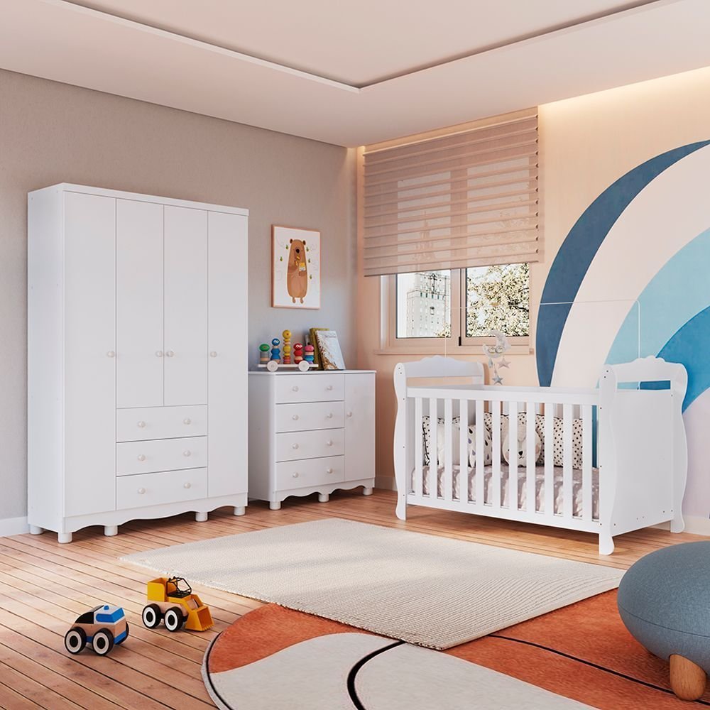 Quarto de Bebê Completo Berço 3 em 1, Guarda-roupa 4 Portas e Cômoda 100% MDF Nina Espresso Móveis Branco Brilho em Oferta na Shopee