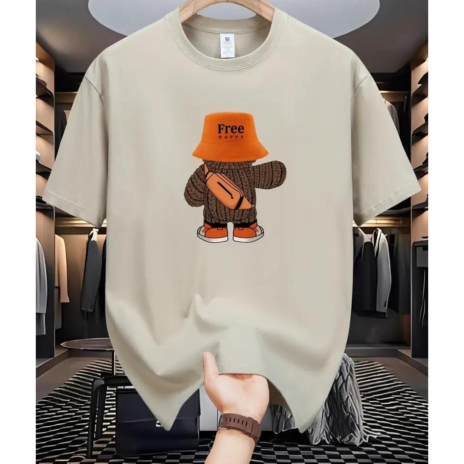 Camiseta Masculina Streetwear Algodão Penteado Infantil Adulto Plus Size Estampa Free Happy Urso Chapéu Swag Estiloso