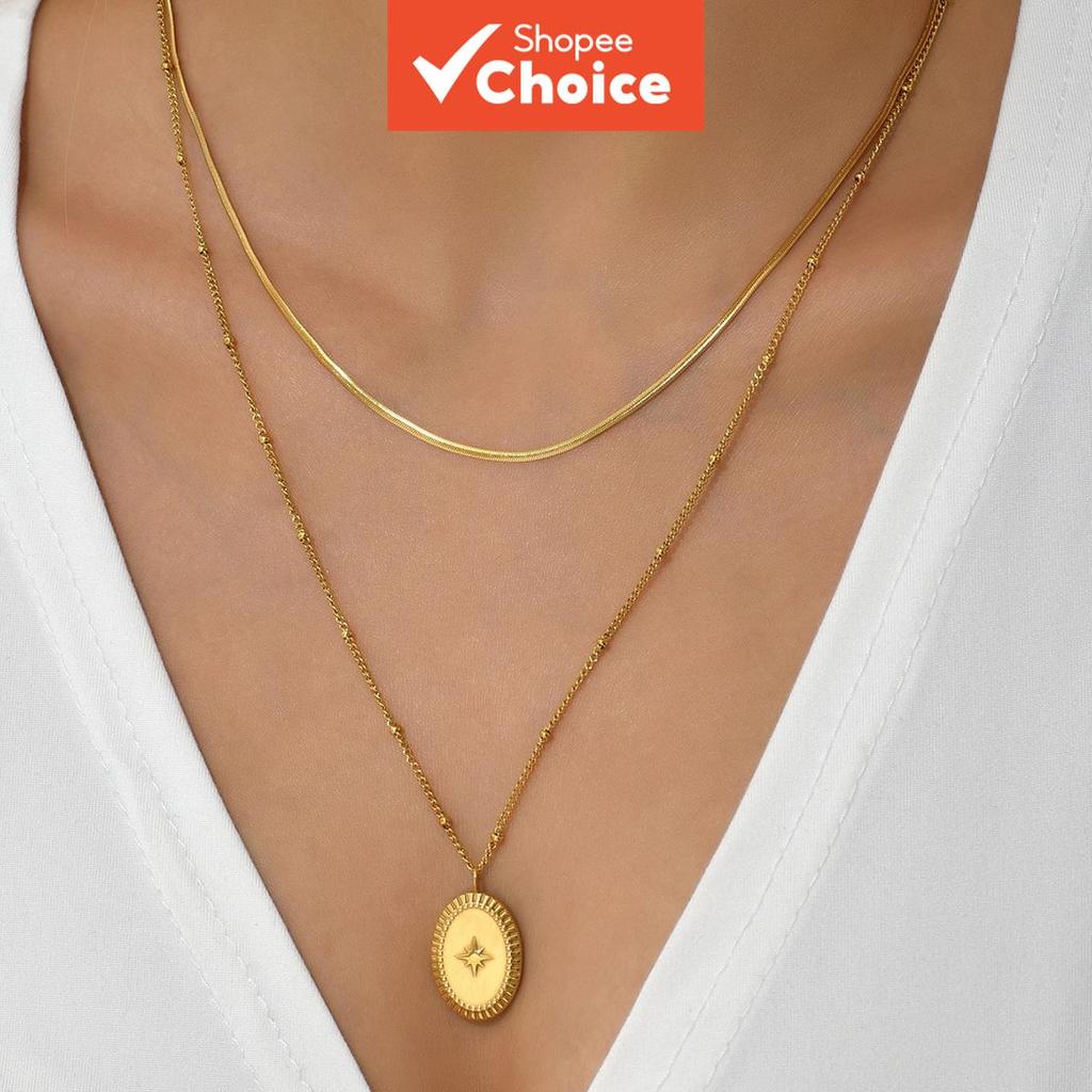 Colar Oval Em Camadas De Aço Inoxidável Banhado A Ouro 18K Com Corrente De Cobra em Oferta na Shopee