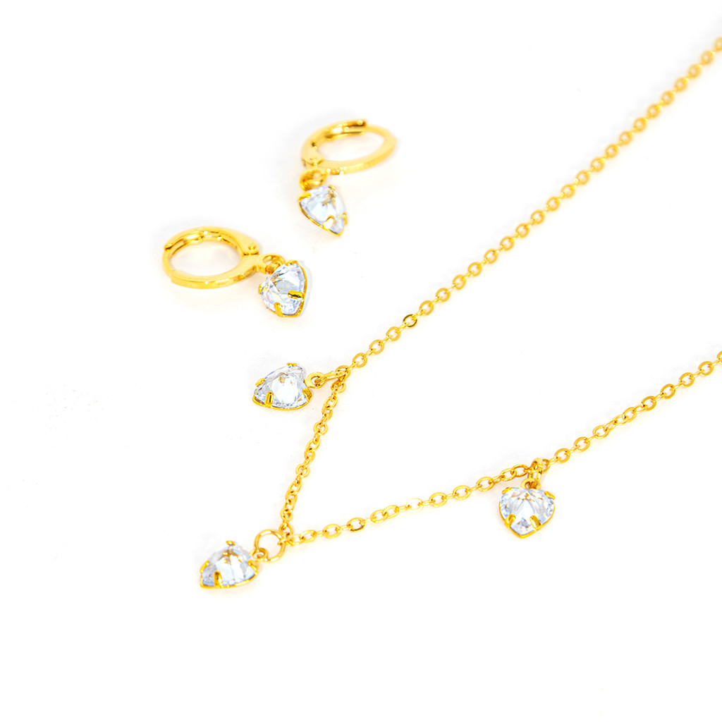 Conjunto Colar e Brinco Com Zircônias Formato 3 Corações | Feminino | Banhado Ouro 18K | Antialérgico | Semijoia