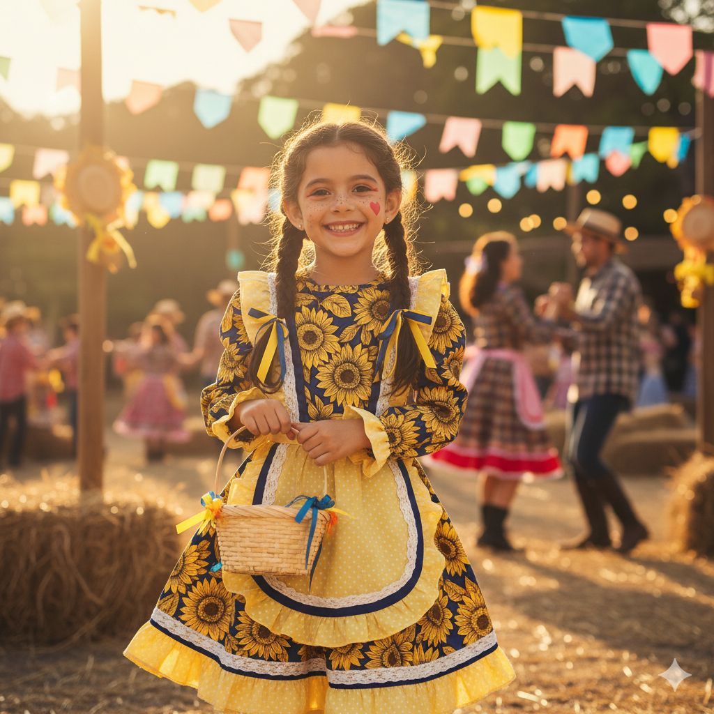 Vestido Junino Amarelo Girassol Festa Infantil Festa de São João Vestido Rodado