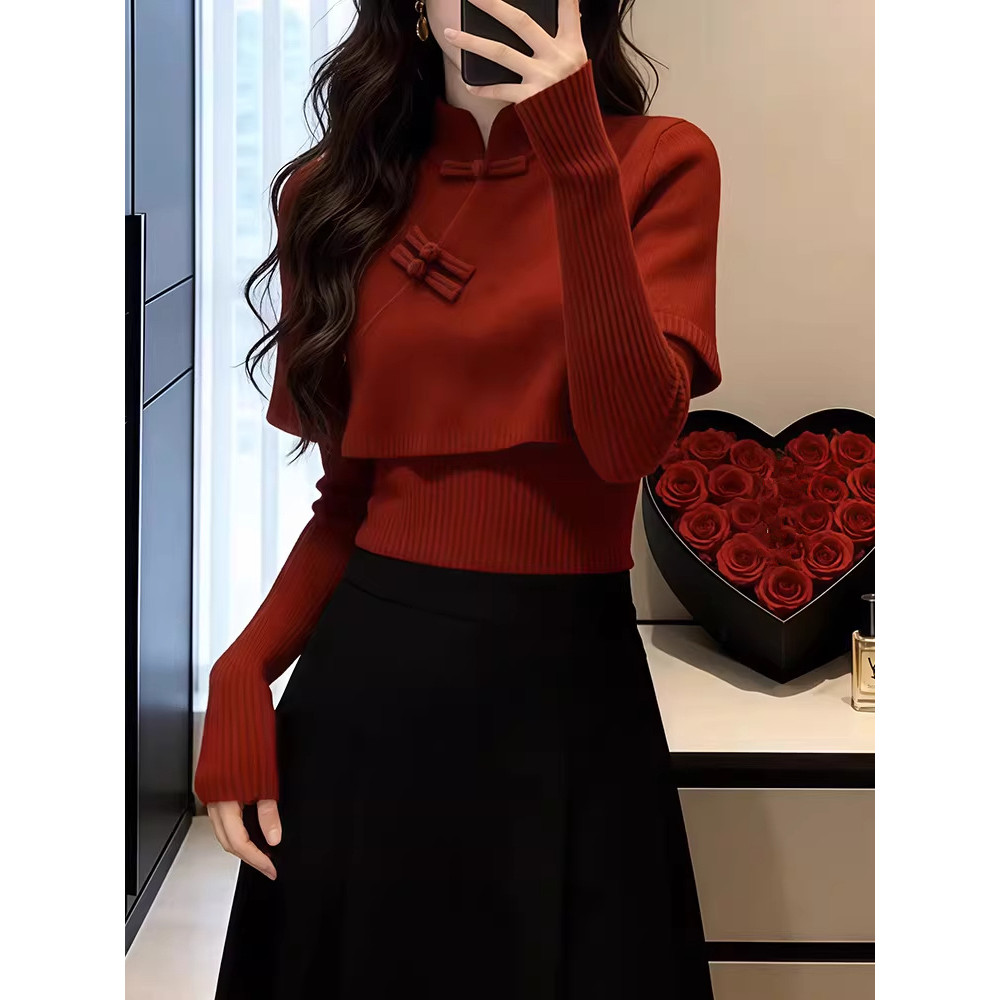Indústria Pesada Francesa Nova Manto Vermelho Chinês Suéter Feminino Outono Inverno Novo Estilo Slim-fit Gigante-olhando