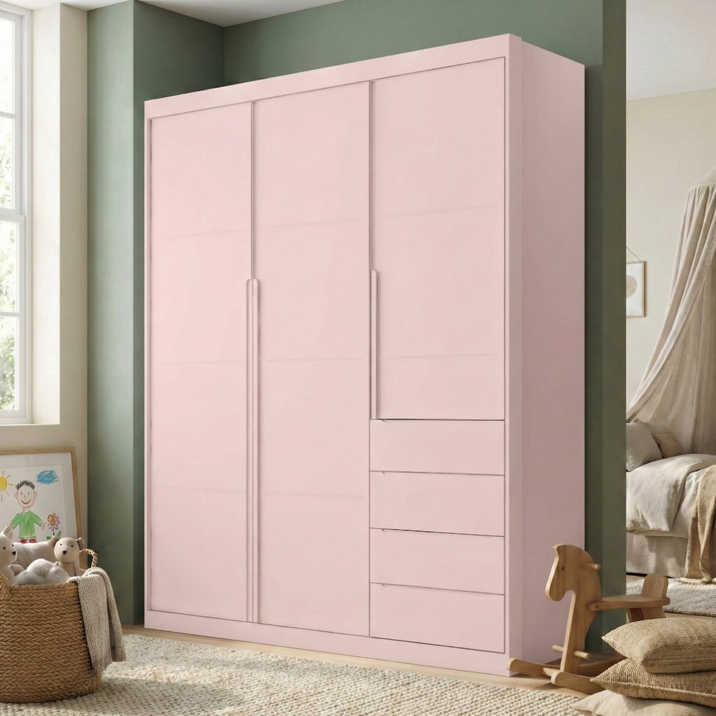 Guarda-Roupa Infantil Rosa 3 Portas e 4 Gavetas 220cm Pérola Rosa