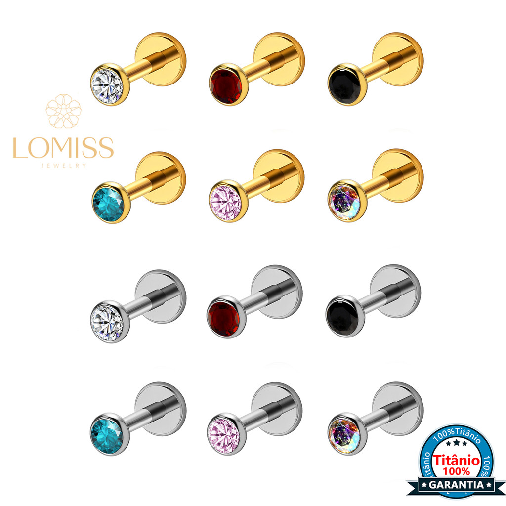 Piercing Labret Orelha Titânio com Zircônia Colorida Multiuso: Helix Tragus Nariz Conch Boca Antialérgico e Bril em Oferta na Shopee