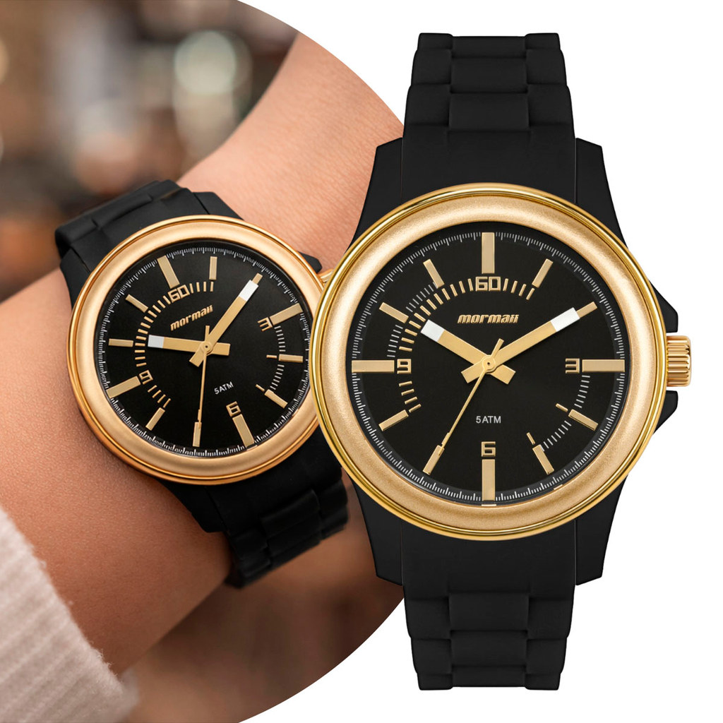 Relógio Femininio Preto e Dourado Pulseira de Silicone à Prova D' Água Luxo Fashion Casual Social Mormaii Original