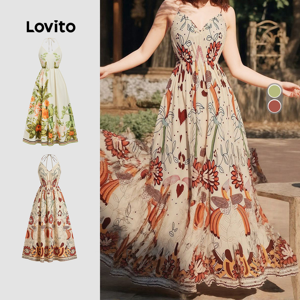 Lovito Vestido Boho De Férias Com Cadarço Para Primavera/verão Feminino LBL29123