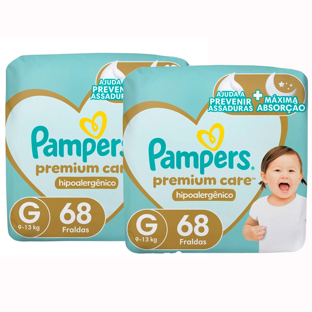 Kit 2 Fralda Pampers Premium Care Tamanho G Pacote Hiper 68 Unidades Descartáveis em Oferta na Shopee