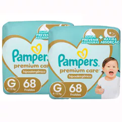 Kit 2 Fralda Pampers Premium Care Tamanho G Pacote Hiper 68 Unidades Descartáveis