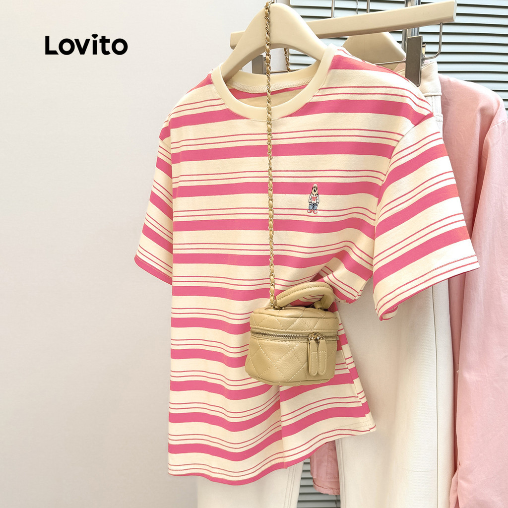 Lovito  Casual Camiseta de Lazer Primavera/verão Listrada Arco-íris para Mulheres L172ED813 em Oferta na Shopee