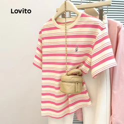 Camiseta Feminina Estilosa Lovito Casual Blusa Camiseta de Lazer Primavera/verão Listrada Arco-íris L172ED813