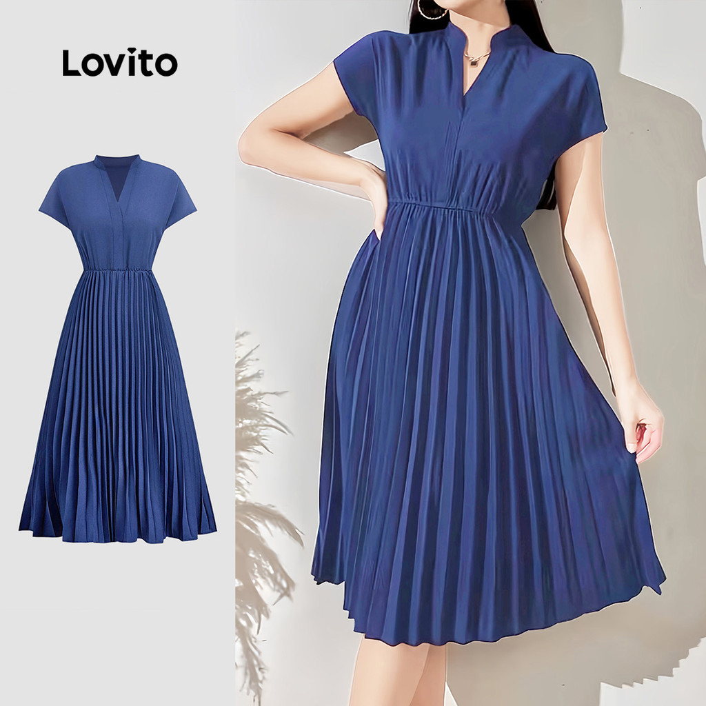 Lovito  Vestido Elegante Plissado Primavera/verão Azul Marinho para Mulheres L172ED1122 em Oferta na Shopee