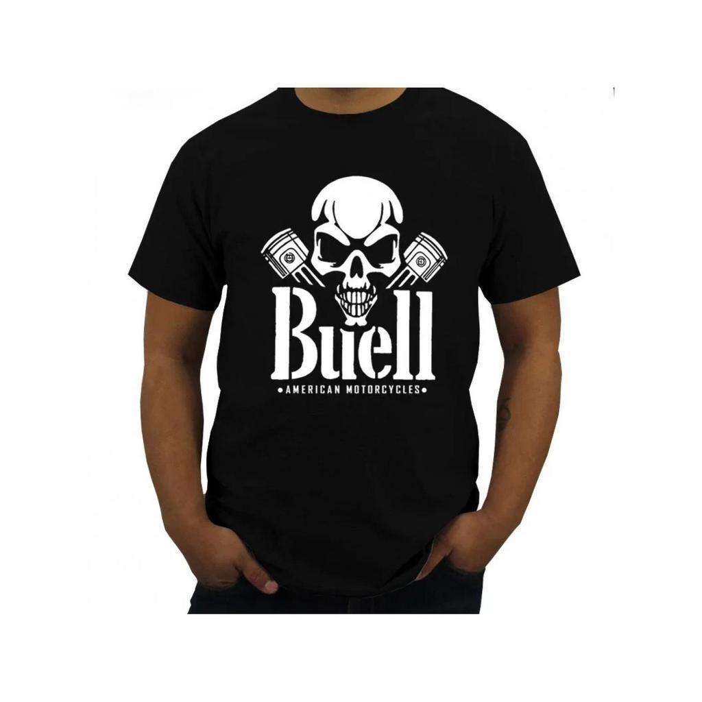 Camiseta Masculina Buell Motorcycle - Design de Moto Pesada 250-300cc com Estampa de Caveira e Pist?o, Tamanhos S-5XL, G