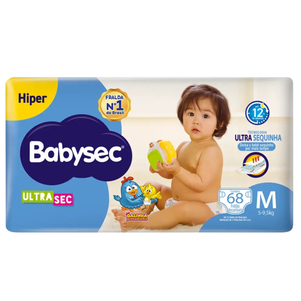 Pack 1x Fralda BabySec Ultrasec Galinha Pintadinha Hiper M 68un – Conforto Máximo