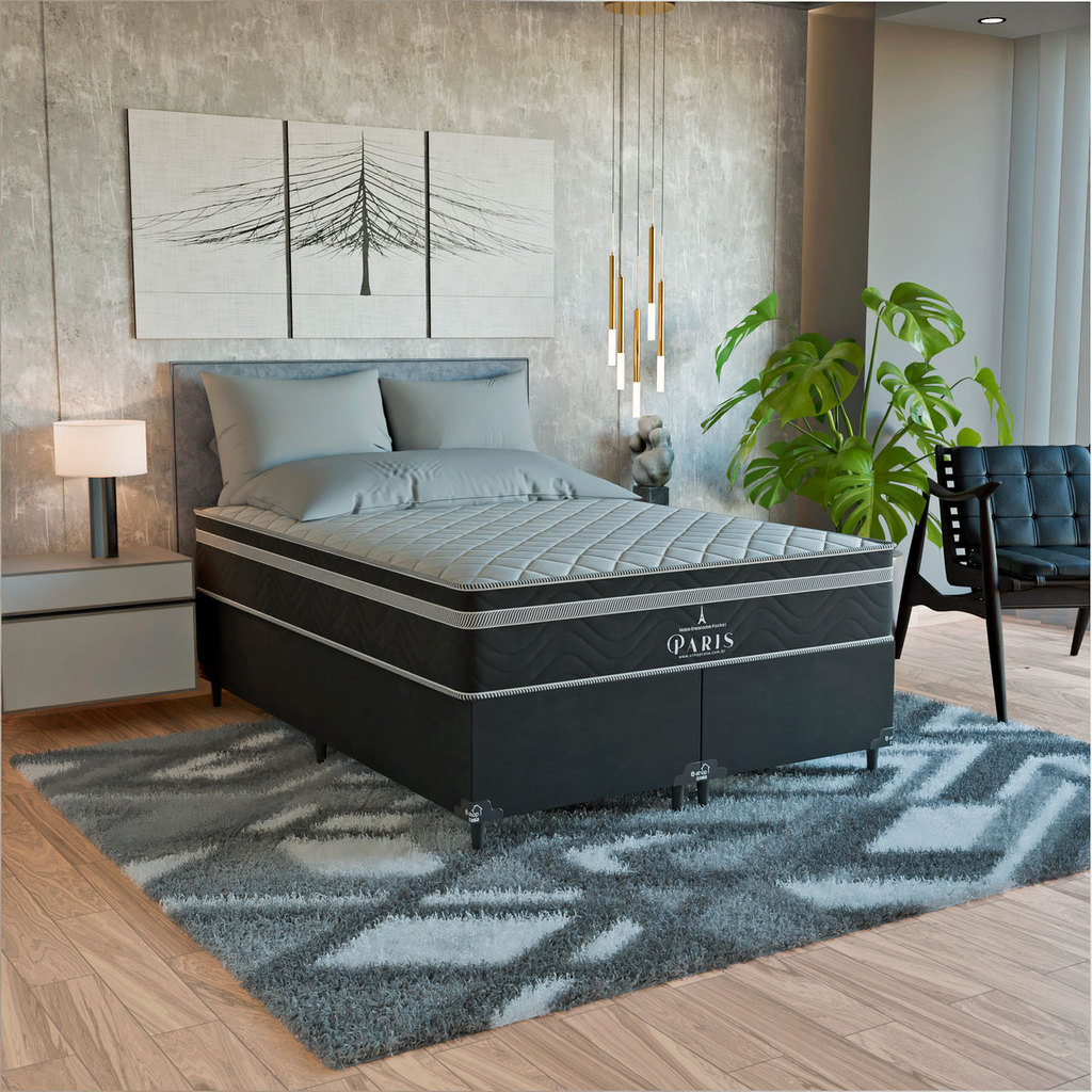 Cama Box Casal Bipartido Preto + Colchão Paris Molas Preto