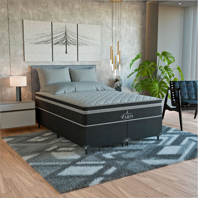 Cama Box Casal Bipartido Preto + Colchão Paris Molas Preto