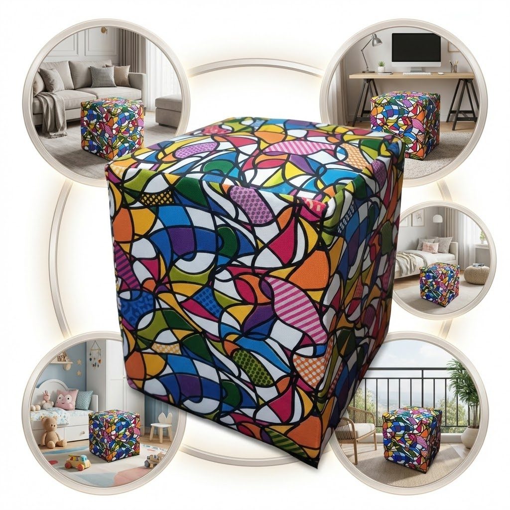 Puff Quadrado Decorativo Romero Brito
