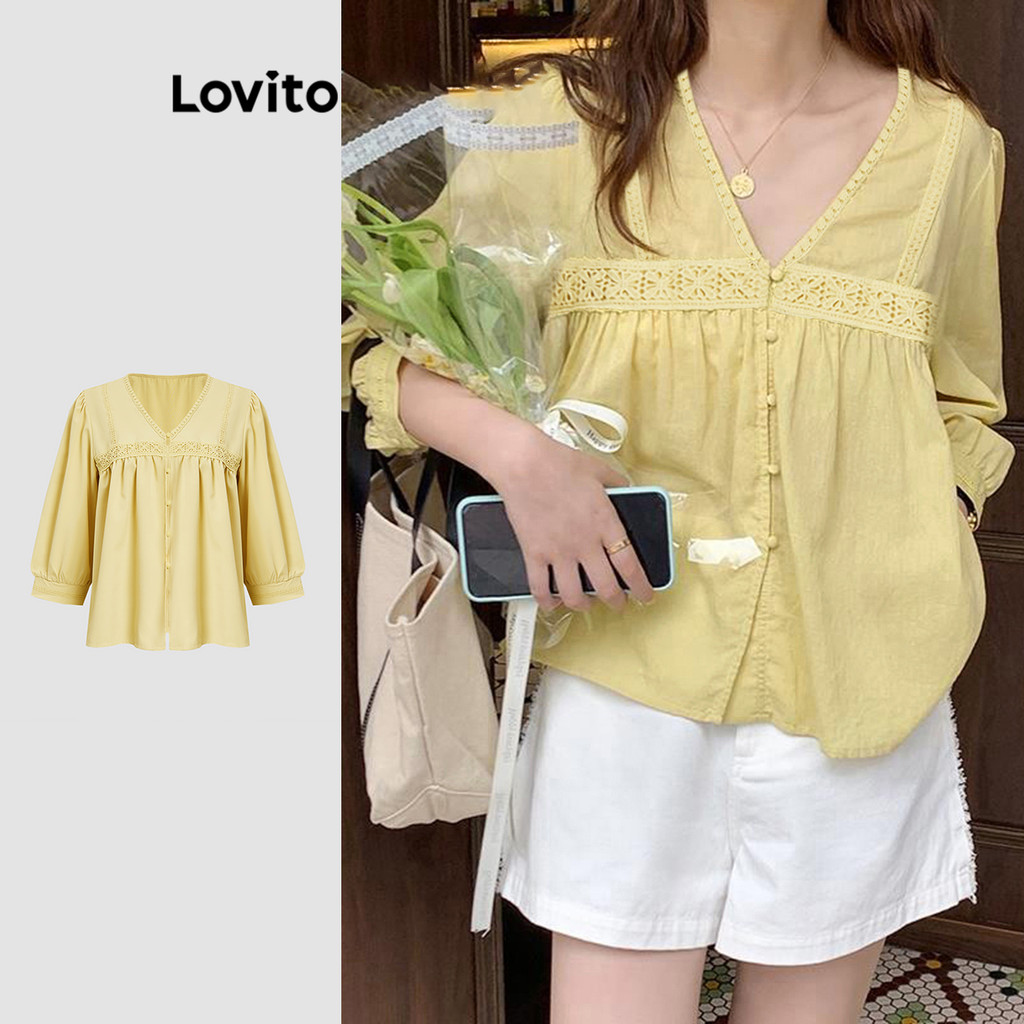 Lovito Blusa Casual Blusa Lisa Com Zíper Franzido Para Mulheres L110AD634 em Oferta na Shopee