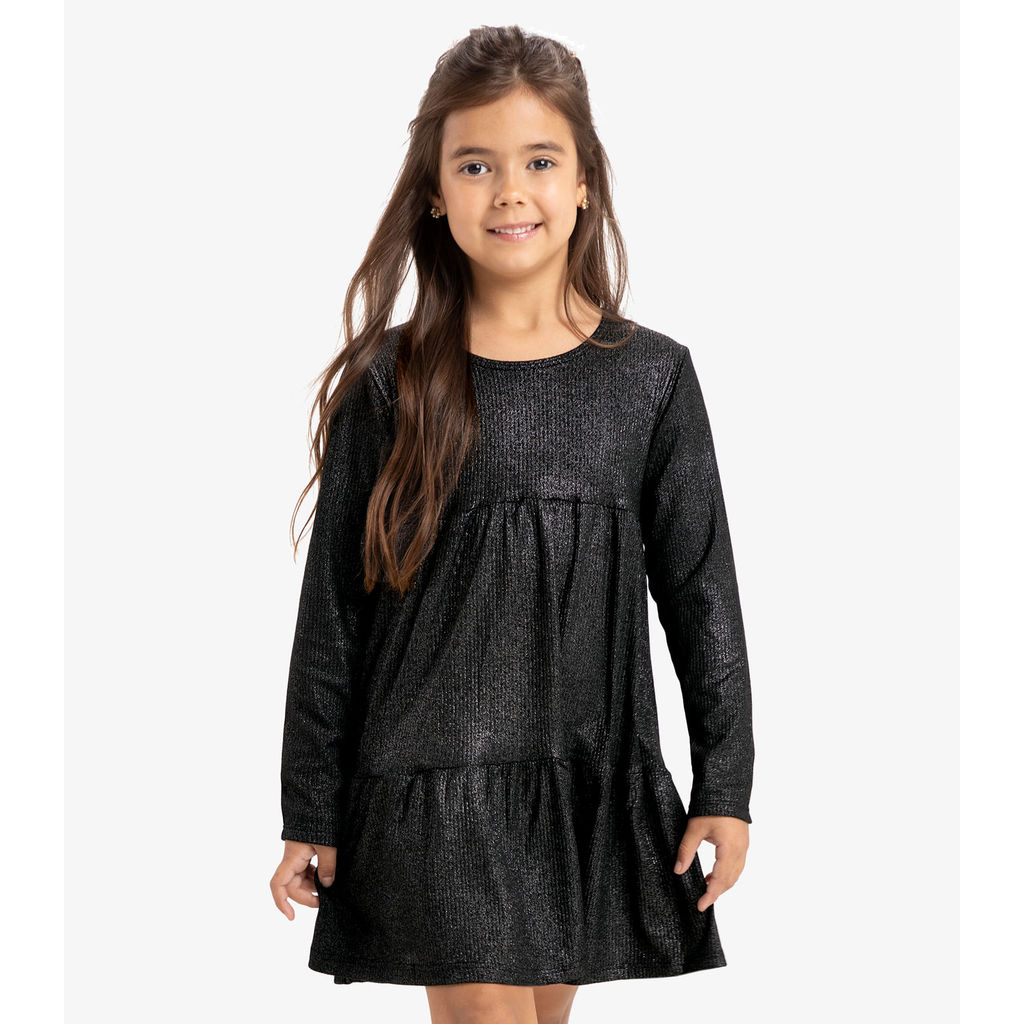 Vestido Infantil Manga Longa Canelado Rovi Kids Preto