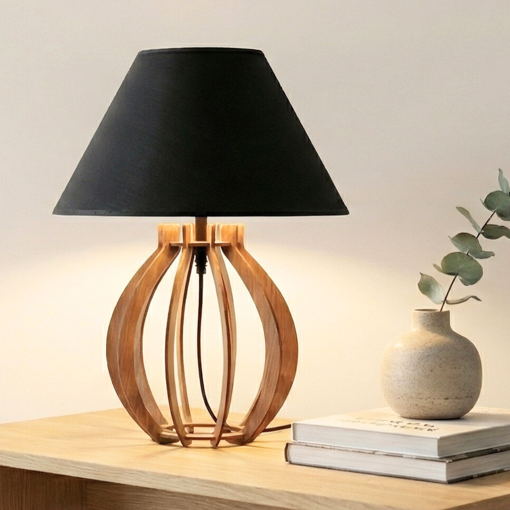 1 Abajur Preto de Mesa para Quarto Madeira Mdf Luminária Decorativo Luz Cabeceira Criado