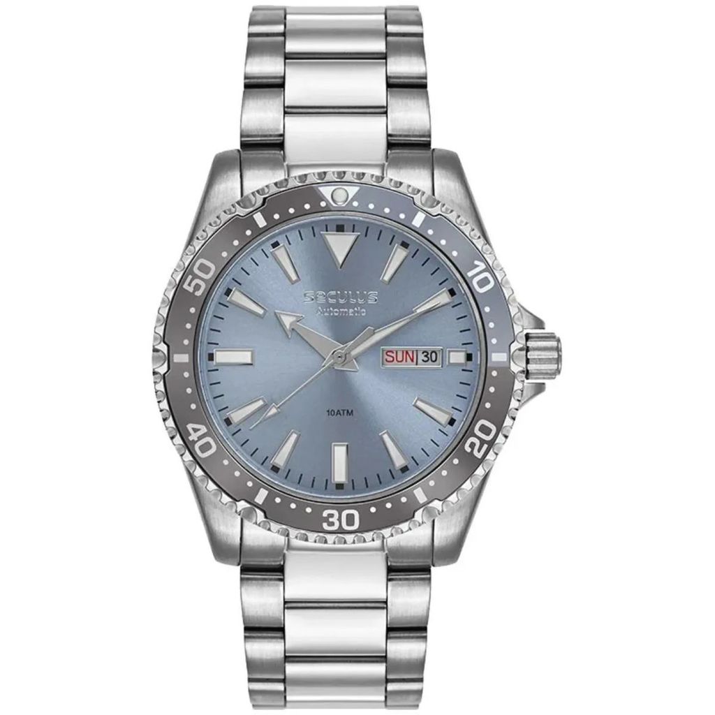 Relogio Seculus masculino Automático prata azul claro maquina aparente esqueleto aro giratório 100% original44237G0SVNA6