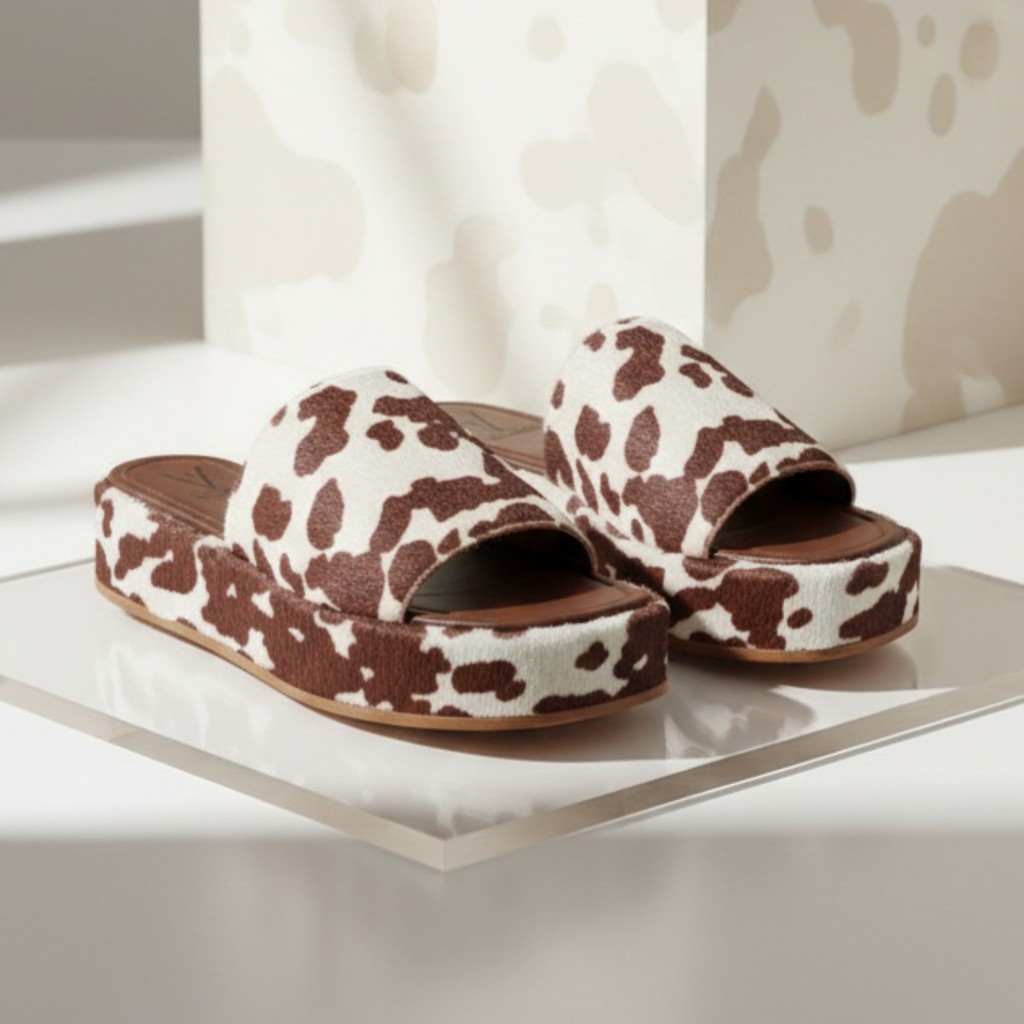 Tamanco Feminino Cow Print Vaquinha Tamanco Flat Plataforma Flatform Confortável Vaca Animal Country