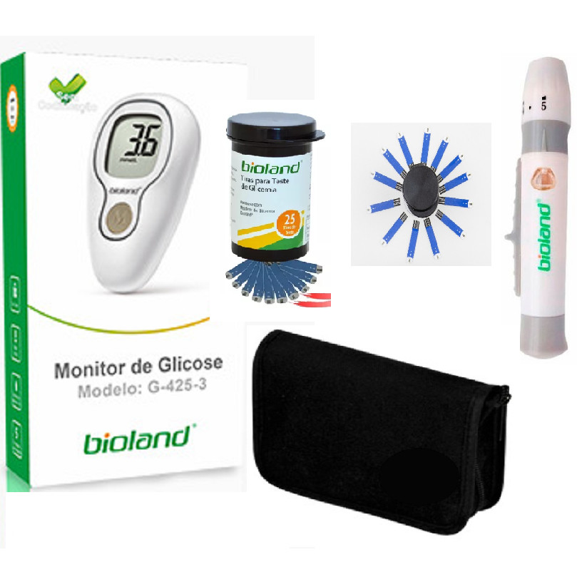 Monitor Glicose 25 Tiras + 25 Lancetas + Lancetador Bioland em Oferta na Shopee