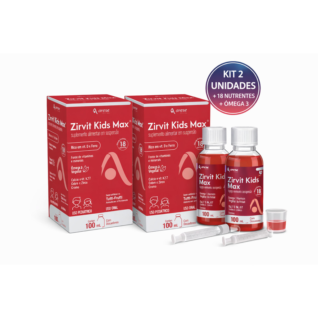 Zirvit Kids Max 100ml Kit 2 Un | 18 Nutrientes + Ômega 3 | Vitaminas e Minerais Infantil