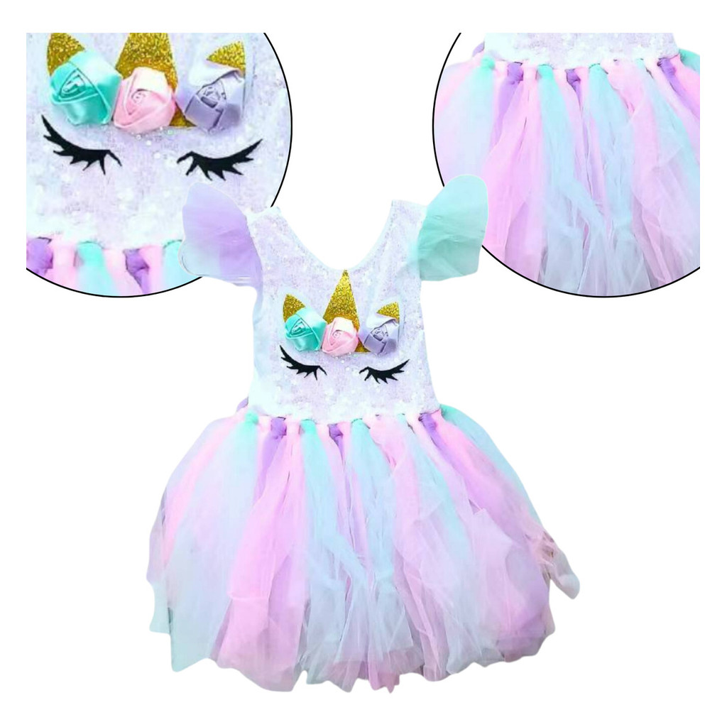 Fantasia Unicórnio Infantil Luxo Completa Vestido Tule Colorido Festa Aniversário Carnaval Menina Feminina