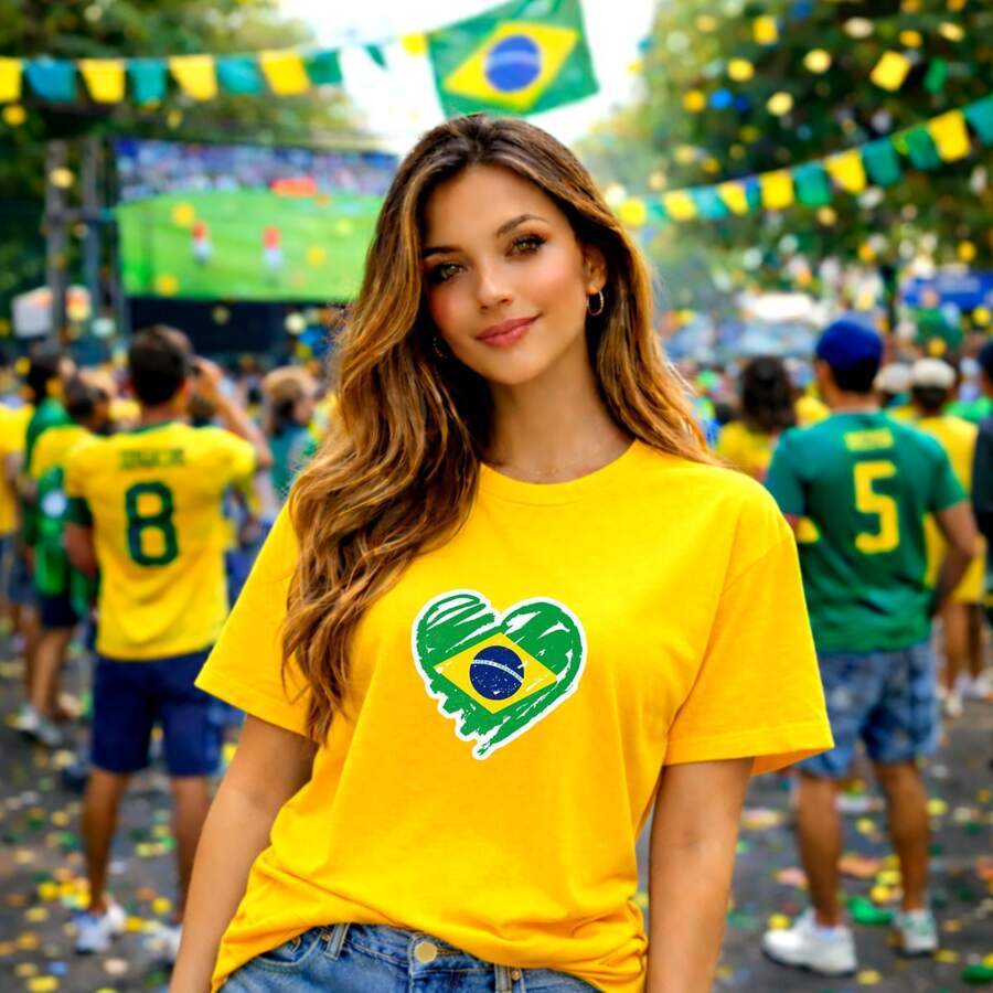 Camiseta Feminina 100% Algodão Estampada Desenho Coração Bandeira do Brasil Jogos Futebol Copa do Mundo Eleições